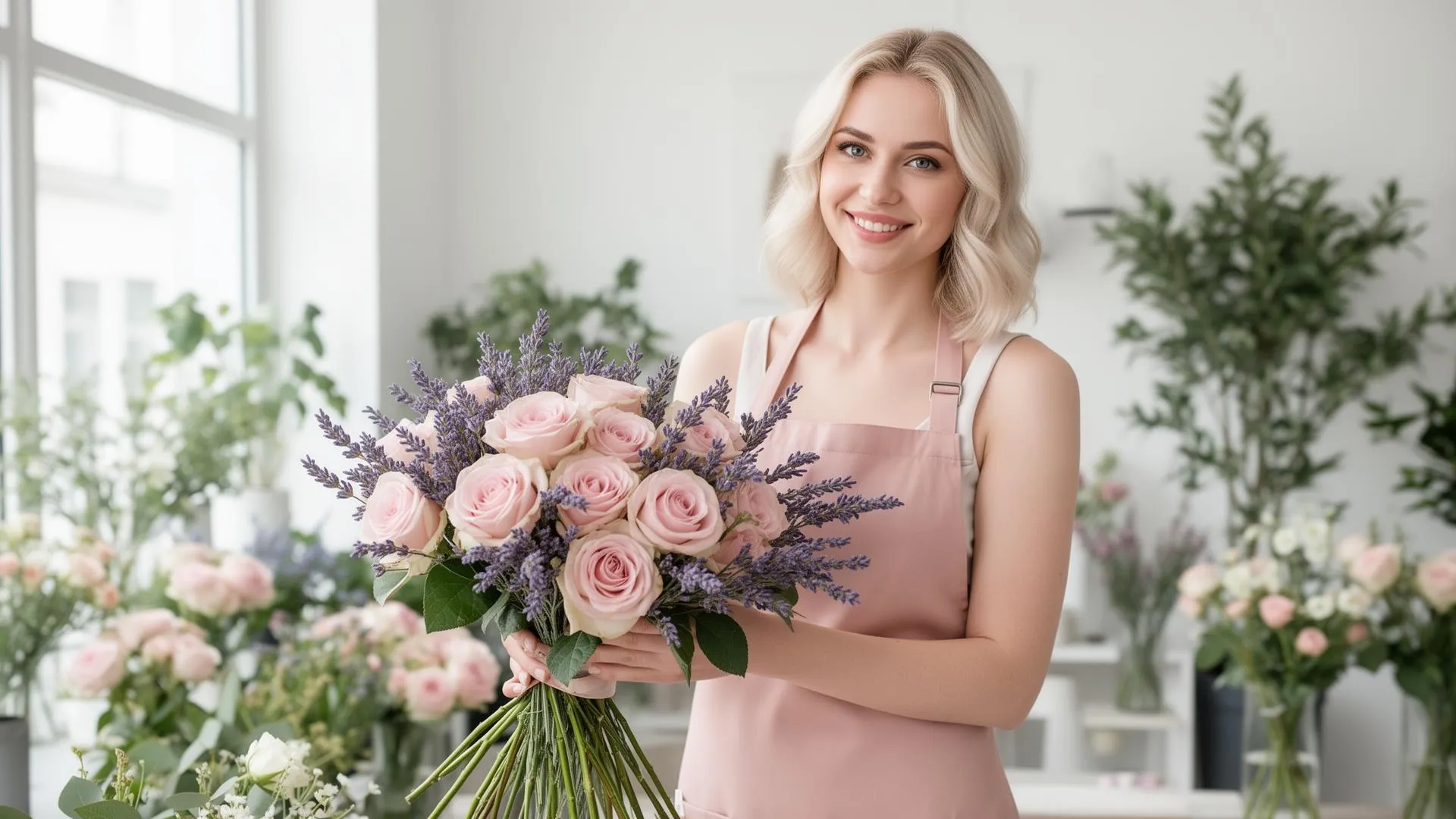 Florist in a blush-pink apron smiling over an armful of pink roses and lavender at Stellas Florist