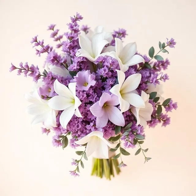 Lavender & White Mix: white lilies and lilac blooms amid purple statice and eucalyptus, for flower delivery in New Territories