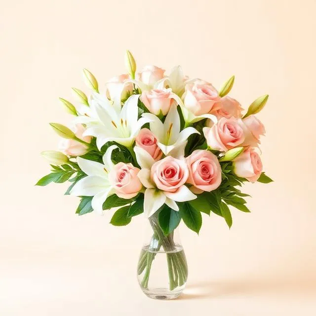 Lily & Rose Harmony by Stellas Florist: white lilies and peach-pink roses arranged in a glass vase