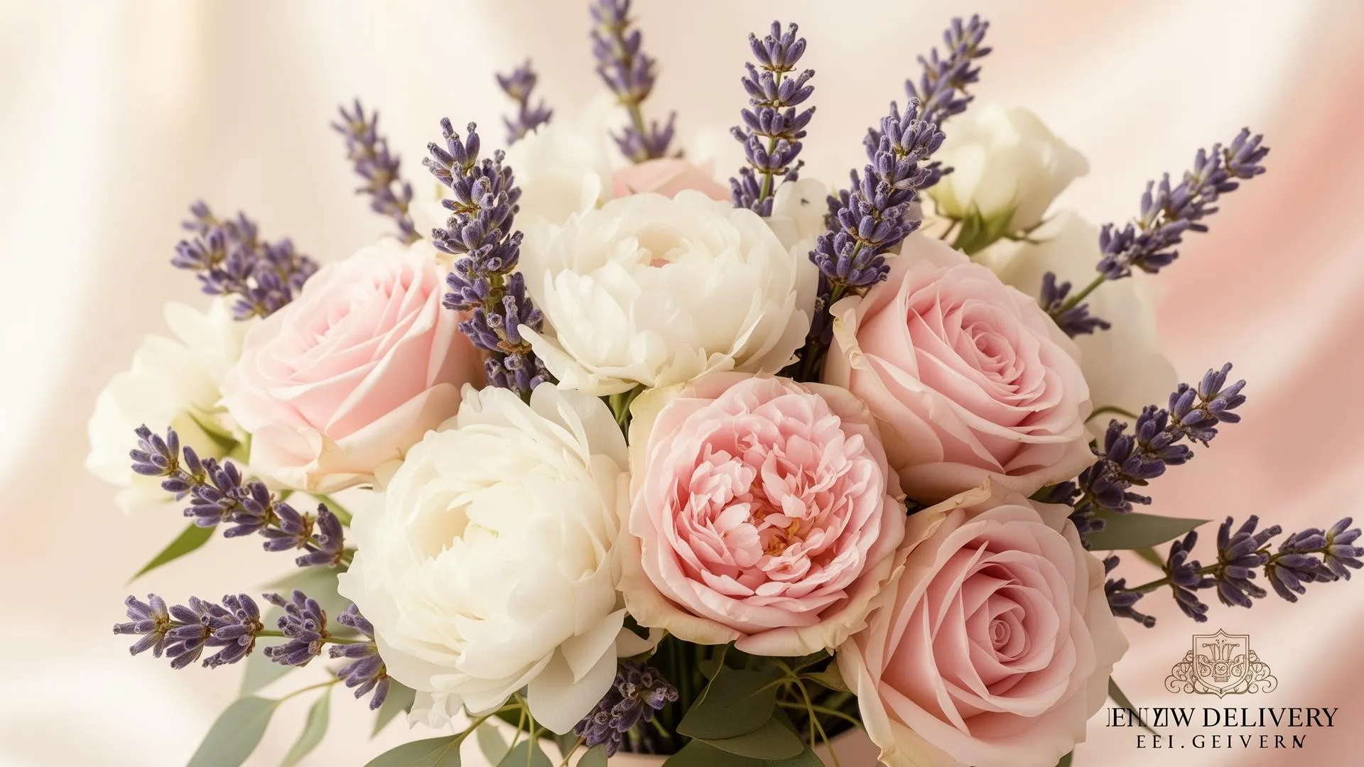 Close-up of a pastel bouquet of pink roses, ivory peonies and lavender sprigs with eucalyptus