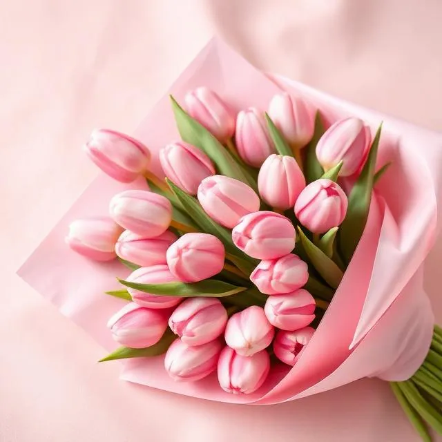 Pink tulips wrapped in blush paper, a cheerful birthday bouquet from Stellas Florist